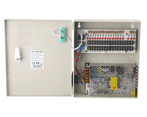 18 Channel DC12V CCTV Power Distribution Box With Independent PTC Fuses, LED Indicators, Lightning Protection, 100 To 240V AC Input, 12V 10A Output, Locking AC Plug, Ideal For Security Cameras And DVRs