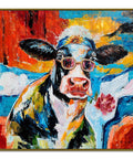 Cool Cow Portrait With Sunglasses Modern Hand Painted Textured Wall Art Framed Cow Head Floral Canvas Bold Black White Red Blue Colorway For Living Room Bedroom Or Bath A Fresh Totally Vibey Statement Piece