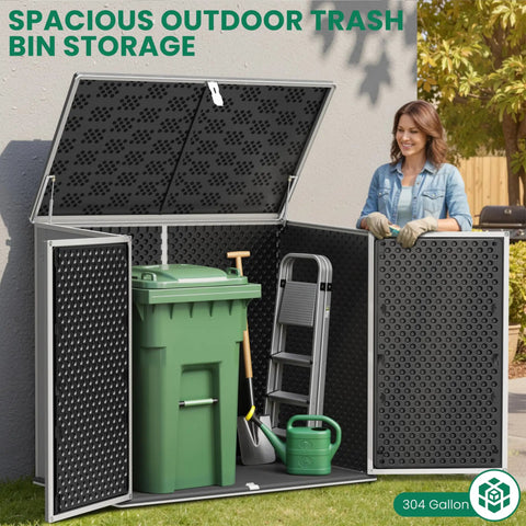 Outdoor Horizontal Trash Can Storage Shed For Large Cans 304 Gallon Resin With Lockable Doors And Lift Lid Waterproof Bin Shelter