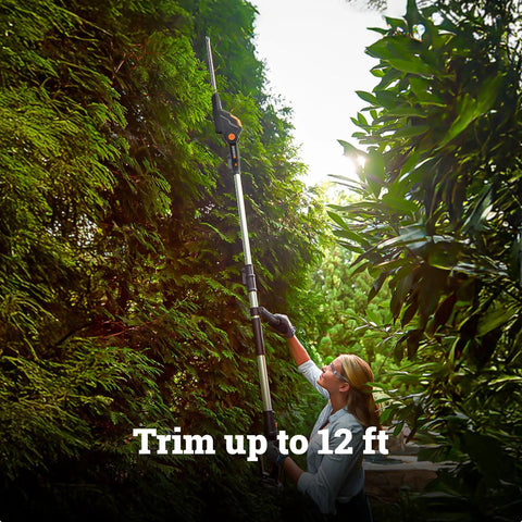 Person trimming tall hedges with Cordless 20V Hedge Trimmer With 10 Position Adjustable Head, Pro Grade PowerShare Battery