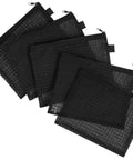 Set of five black nylon mesh zipper pouches arranged together, see-through travel organizer bags for cables and cosmetics.