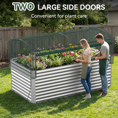 8x4x3 ft Tall Galvanized Raised Garden Bed With Self Watering System and Mesh Cover in backyard with plants