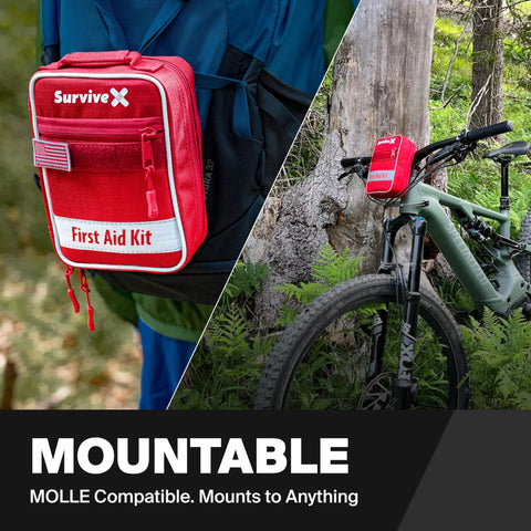 SurviveX small red first aid kit with white label, attached to a backpack and mounted on a bike