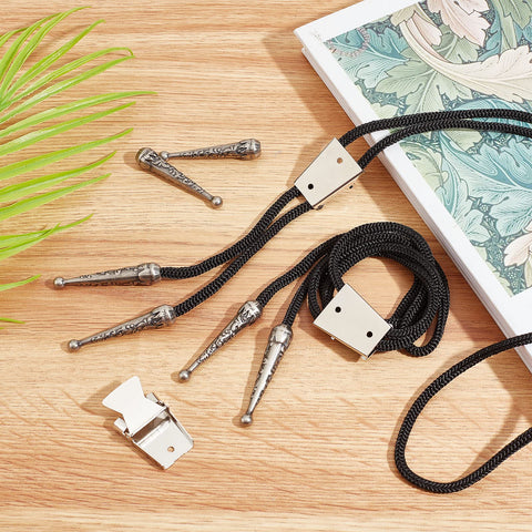 3 Sets Iron Bolo Tie Findings Kit With Sterling Silver Plated End Caps Textured Round Slides Black Cord And Replacement Buckle Clasps