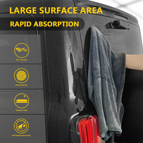 2 Pack 48x24 Inch Car Drying Towels for Ultra Absorbent Auto Detailing drying black car rear with grey microfiber towel