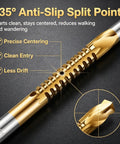 Close-up of 135° Anti-Slip Split Point drill bit from the Six Piece Top Shelf Twist Drill Bit Set With Serrated Side Cutting Edges for wood metal plastic.