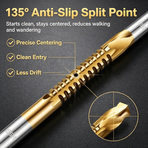 Close-up of 135° Anti-Slip Split Point drill bit from the Six Piece Top Shelf Twist Drill Bit Set With Serrated Side Cutting Edges for wood metal plastic.