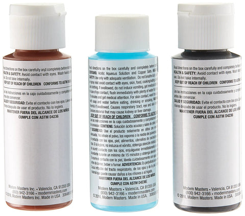 Back view of Rust Finish Acrylic Metal Effects Kit 2 Oz Water Based Real Oxidation Patina Pack Of 3 With Primer bottles