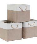Slick Cube Storage Bins Ditch The Mess Fabric Baskets For Closets And Shelves Foldable Organizer Containers A Clutch Home Stash Box In Light Khaki 13 Inch 3 Pack stacked in a corner.