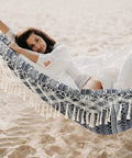 Two Person Indoor Garden Hammock With Tassels And Deluxe Macrame Fringe For Patio Porch Backyard Beach Outdoor And Indoor Cotton Fabric Portable Carry Bag Supports Up To 450 Pounds Blue White