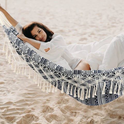 Two Person Indoor Garden Hammock With Tassels And Deluxe Macrame Fringe For Patio Porch Backyard Beach Outdoor And Indoor Cotton Fabric Portable Carry Bag Supports Up To 450 Pounds Blue White