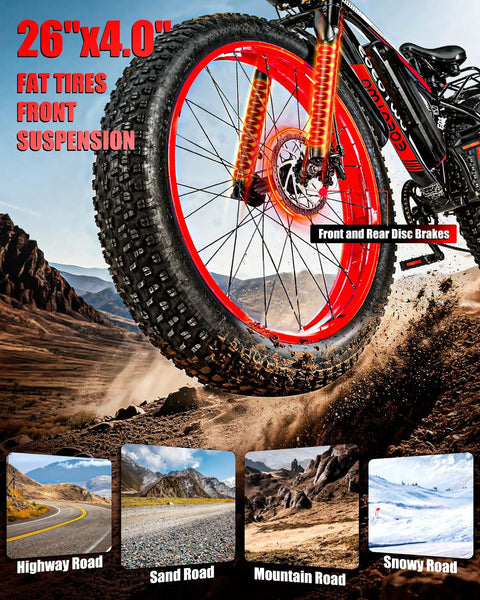 Close-up of 26-inch fat tire on Electric Mountain Bike For Adults 1500W Peak Motor with rugged all-terrain background.