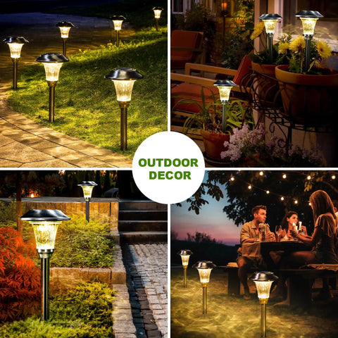 Solar Pathway Lights Outdoor Waterproof With Glass Stainless Steel Build illuminating garden and patio area at night.