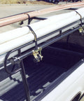 Two Pack Rack Strap Tie Down for Ladder Racks With Round Mounting Brackets Bolt On Or Weld On Hardware Included 1 5 8 Inch Round Bracket 8 Foot Black Straps Built For Trucks And Vans showing mounted brackets and secured pipes on a truck.