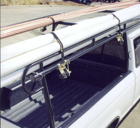 Two Pack Rack Strap Tie Down for Ladder Racks With Round Mounting Brackets Bolt On Or Weld On Hardware Included 1 5 8 Inch Round Bracket 8 Foot Black Straps Built For Trucks And Vans showing mounted brackets and secured pipes on a truck.