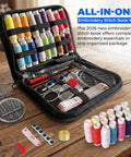 Open zipper case showing Beginner Embroidery Kit With 86-Piece Tools Set And Hoop, threads, scissors, measuring tape on table