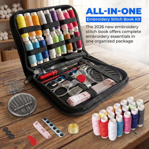 Open zipper case showing Beginner Embroidery Kit With 86-Piece Tools Set And Hoop, threads, scissors, measuring tape on table