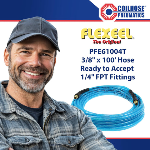 Smiling man next to Coilhose Pneumatics ad with Flexeel Reinforced Polyurethane Air Hose Three Eighths Inch ID, 100 Foot Length