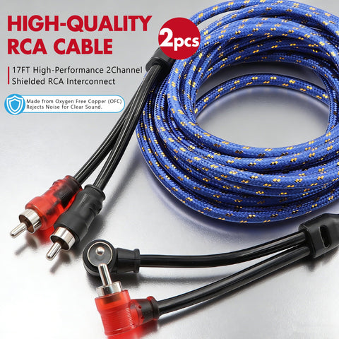 Straight Up 4 Gauge Auto Audio Hook Up Kit With 20 Ft Oxygen Free Copper Power Cable And 8 Gauge Speaker Runs For Dual Subs Includes Heavy Duty Anl Fuse Holder And Quick Install Ground Distribution Block, showing 17FT RCA cables.
