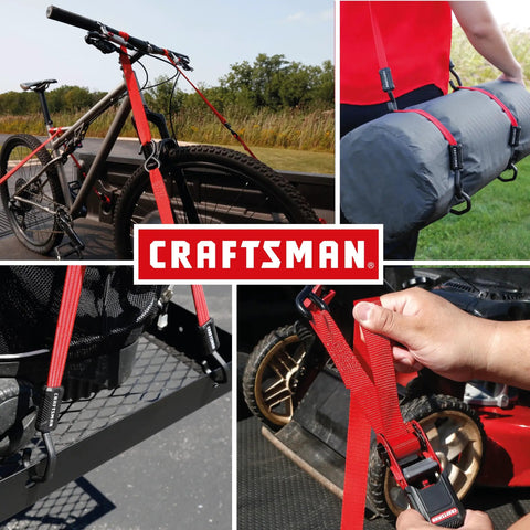 Straight Shooter 10 Piece Ratchet Strap Kit With Soft Loops And Stretchy Bungee Cords Heavy Duty Cargo Securing Set used with bike and gear.
