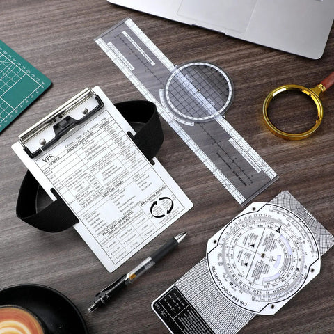 All In One Pilot Kit For VFR Flight Planning With E6B Flight Computer, Aluminum Kneeboard, Elastic Strap, Gel Pen on desk