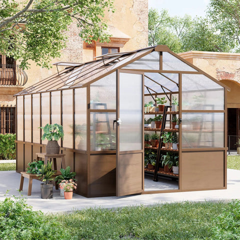 8x14 Ft Wooden Greenhouse For Outdoors With Walk In Design Polycarbonate Panels Lockable Door Roof Vent Heavy Duty Pine Frame