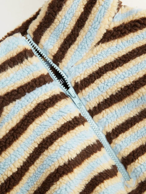 Close-up of Cozy Fleece Stripe Stand Collar Drawstring Half Zip Oversized Sweatshirt Sky Blue Medium fabric texture