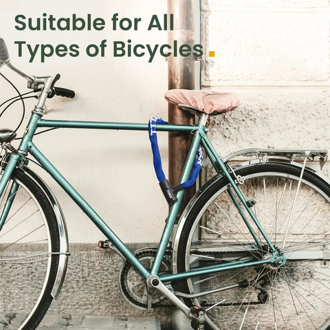 Bicycle secured with 3.3 Feet Heavy Duty Bike Chain Lock With Key 6mm Thick Chain for security, blue color visible.