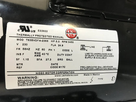 Label on 5 HP Air Compressor Electric Motor Replacement, Single Phase 184T Frame, Open Drip Proof Enclosure, 3450 RPM