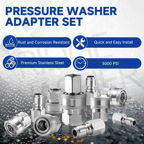 Front view: 12-piece stainless steel pressure washer quick-connect adapter set, 3/8 in, female NPT.