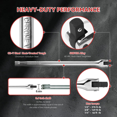Heavy Duty 10 Piece Breaker Bar Set Featuring 180 Degree Swivel Head with CR-V steel and 50BV30 alloy for maximum torque.