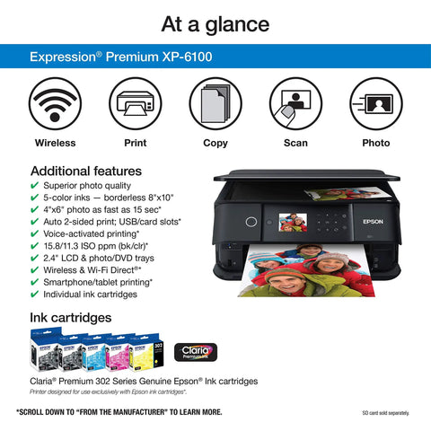 Slick Wireless Color All In One Inkjet Printer Featuring Killer Five Color Photo System For Crisp Documents And Legit Eight By Ten Prints Perfect For Your Home Office Setup Or Creative Project Workflow, showing the Epson XP-6100 with photos.