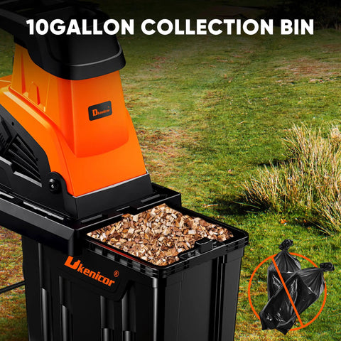 Beast Mode Wood Chipper Shredder For Yard Cleanup With 1800W Motor And 1.77 Inch Cut showing 10 gallon bin in garden