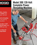 Man using Model 300 Power Drive Complete Pipe Threading Machine, 38 RPM, with alloy die heads, oiler, stand, tray for threading pipes.