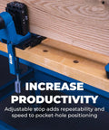 Docking Station For Pocket Hole Jigs And Woodworking Projects, Pro Grade Benchtop Workstation With Sturdy Wings, Compatible With 520 And 720 Jigs, Built To Keep Your Tools Organized And Your Work Smooth, showing installed jig supporting wood with adjustable stop.