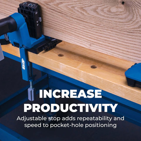 Docking Station For Pocket Hole Jigs And Woodworking Projects, Pro Grade Benchtop Workstation With Sturdy Wings, Compatible With 520 And 720 Jigs, Built To Keep Your Tools Organized And Your Work Smooth, showing installed jig supporting wood with adjustable stop.