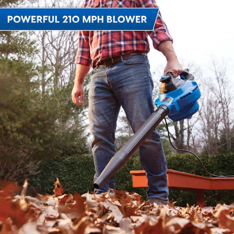 Person using Beast 12 Gallon Wet Dry Vacuum With Detachable Blower, 5 Peak HP, 210 MPH Blower, outdoors clearing leaves