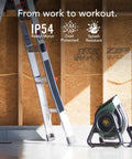 Heavy Duty Air Circulator Fan With 3 Speed High Velocity Blower 270 Degree Tilt IP54 Motor next to ladder in garage