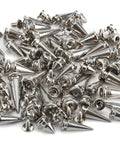Kicking Dope Badass Silver Zinc Alloy Spikes And Mixed Shape Studded Screwback Rivets 70 Piece Set close-up of metal spikes