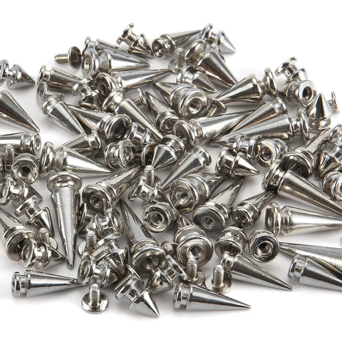 Kicking Dope Badass Silver Zinc Alloy Spikes And Mixed Shape Studded Screwback Rivets 70 Piece Set close-up of metal spikes
