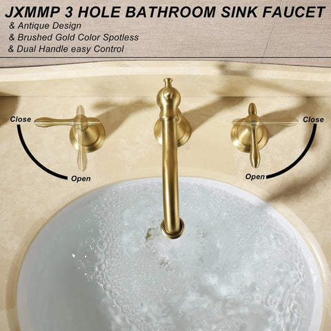 Brushed gold three-hole bathroom sink faucet with dual handles, antique design, and water flowing into rounded basin.