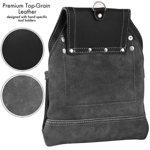 Black Full Grain Leather Tool Pouch With 10 Pockets And Dual Hammer Holster worksite ready, showing front leather texture and stitching