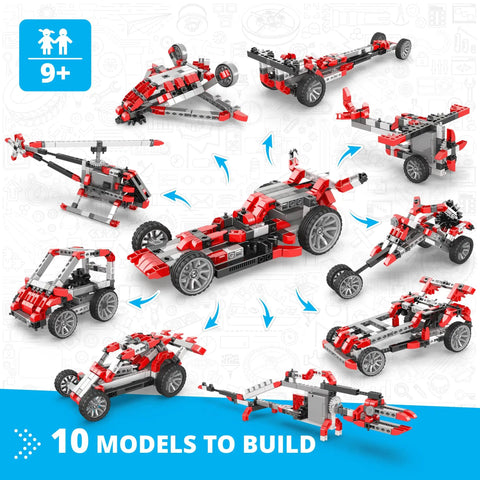 Motorized Race Car Building Set For Kids 9 Plus Ten In One STEM Construction Toys With Off Road Modes And Supercars Realistic Engine Roar Over 180 Snap Pieces Educational Hands On Science Gift For Boys And Girls, 10 model builds