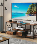 Industrial Rustic Brown TV Stand With Two Fabric Drawers And Open Shelving Spacious 55 Inch Entertainment Console for a stylish living room setup.