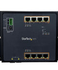 Front view of Rugged 8 Port PoE Plus Gigabit Switch With 2 SFP MSA Slots, 30W Per Port, industrial-grade design, IP 30-75C.