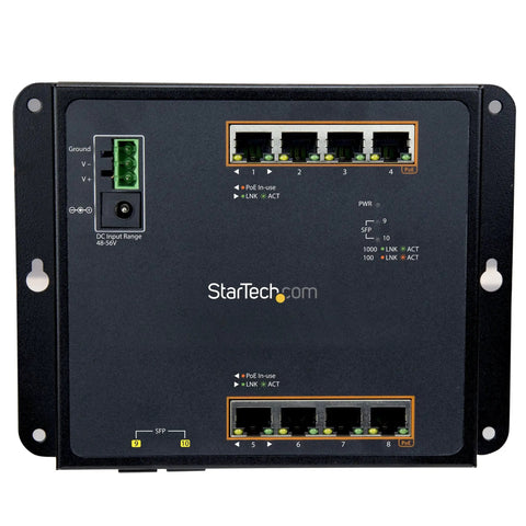 Front view of Rugged 8 Port PoE Plus Gigabit Switch With 2 SFP MSA Slots, 30W Per Port, industrial-grade design, IP 30-75C.