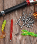 Pro Grade Nail Weights Kit For Bass Fishing 45 Piece Pencil Sinker Set with soft plastic lures on wooden surface