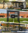 Mobile 24Ft Baseball Batting Cage With Wheels Portable Heavy Duty Hitting Cage Fully Enclosed Tunnel Kit With Frame And Netting Take Anywhere Backyard Park Driveway Gym Practice Foldable Frame And Quick Setup For Indoor Outdoor Use, shown in backyard, school field, and community park.