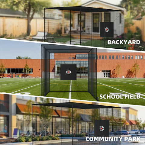 Mobile 24Ft Baseball Batting Cage With Wheels Portable Heavy Duty Hitting Cage Fully Enclosed Tunnel Kit With Frame And Netting Take Anywhere Backyard Park Driveway Gym Practice Foldable Frame And Quick Setup For Indoor Outdoor Use, shown in backyard, school field, and community park.