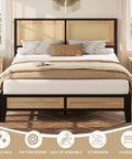 Sturdy Full Size Rattan Bed Frame Featuring Boho Woven Metal Headboard And Heavy Duty Slatted Platform Base For Memory Foam Mattresses Putting It Together Is A Total Breeze in cozy bedroom setting.